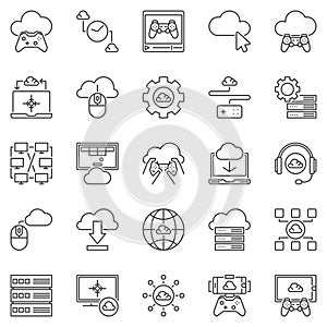 Cloud Gaming outline icons set - vector gaming on demand signs