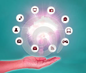 Cloud on hand against blue sky. cloud computing concept.