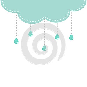 Cloud with hanging shining rain drops. Template. Dash line hanging water shape. White background. Isolated. Flat design.