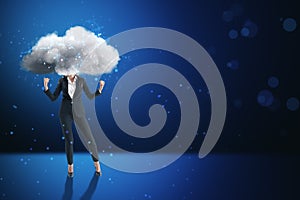 Cloud headed businesswoman in suit standing on abstract blue bokeh interior background with mock up place. Sky is the limit,