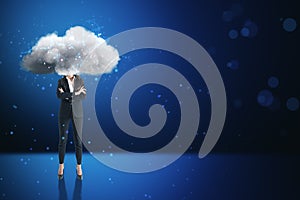 Cloud headed female in suit standing on abstract blue bokeh interior background with mock up place. Sky is the limit, motivation