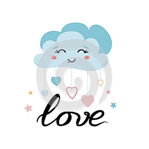 Cloud heart Cute character Smiling blue cloud for kids room poster vector