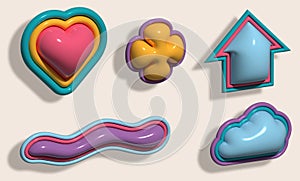Cloud, heart and other inflated figures on a beige background. 3D rendering illustration