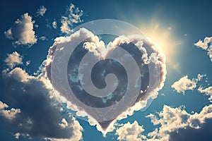 Cloud heart in the sky in the clouds and sunshine. Generative AI