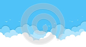 Cloud on high top blue sky outdoor with white birds flying cartoon background vector flat design illustration