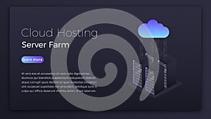 Cloud hosting. Data hosting cloud server isometric concept. Modern cloud technology hero image design