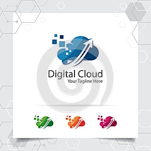 Cloud hosting logo vector design with concept of data upload symbol. Cloud computing vector illustration for hosting provider,