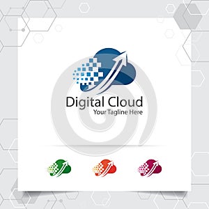 Cloud hosting logo vector design with concept of data upload symbol. Cloud computing vector illustration for hosting provider,