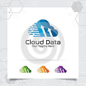 Cloud hosting logo vector design with concept of digital and data symbol. Cloud computing vector illustration for hosting provider