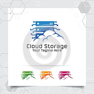 Cloud hosting logo vector design with concept of server and cloud icon. Cloud server vector illustration for hosting provider,