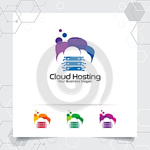 Cloud hosting logo vector design with concept of server and cloud icon. Cloud server vector illustration for hosting provider,