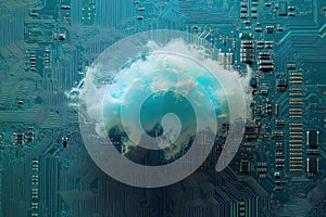 Cloud Hovering Over a Circuit Board Representing Technology and Digital Innovation Concepts