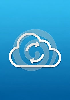 Cloud icon on a blue background with a cloud outline. Inside, two circular arrows