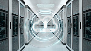 Cloud icon downloading datas in server room center 3D rendering