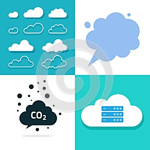 Cloud icon flat and line outline art vector or network internet data server technology symbol, carbon co2 emission dioxide exhaust