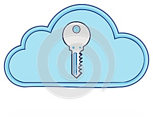 Cloud icon with key symbol representing data security, storage, and protection