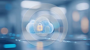Cloud icon with padlock, representing secure cloud computing, encryption and data privacy.