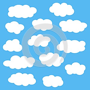 Cloud icon set, white clouds isolated on blue sky background, vector illustration.
