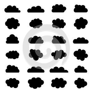 Cloud icon. Silhouette clouds. Shape of smoke in sky. Black graphic symbols isolated on white background. Internet icons for