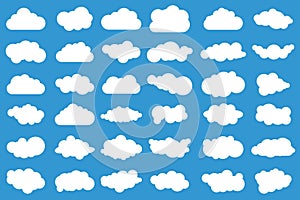 Cloud icons on blue background. 36 different clouds. Cloudscape. clouds.