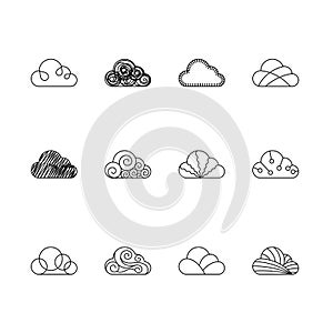 Cloud icons outline stroke set design illustration black and white color isolated on white background, vector