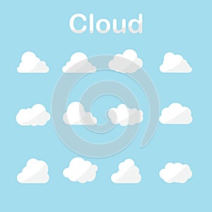 Cloud icons set in many forms with blue sky