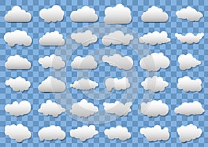 Cloud icons on transparent blue background. 36 different vector clouds. vector clouds.