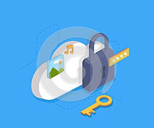 Cloud Identity Security Concept, data protection, internet security. Vector 3d isometry illustration