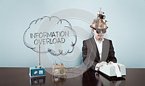 Cloud information overload text with vintage businessman at office photo