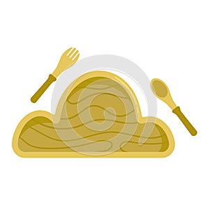 Cloud kid tableware. Wooden plate, fork, spoon for child. Kids eco-friendly utensils. Baby nutrition and feeding lifestyle