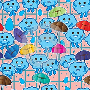 Cloud kind holding umbrella sticker seamless pattern