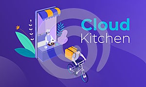 Cloud kitchen horizontal banner with a cook and courier hurrying to deliver the order. Virtual restaurants