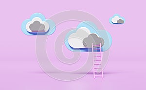 Cloud with ladder or stairs isolated on purple background. cloud storage download, upload, data transfering, datacenter connection