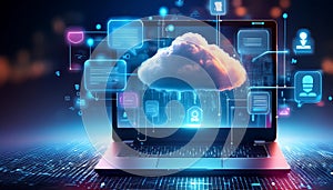 Cloud laptop computer network, data, speech bubble, write text