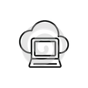 Cloud laptop, icon in line design. Cloud, laptop, computing, device, storage, technology, internet on white background photo