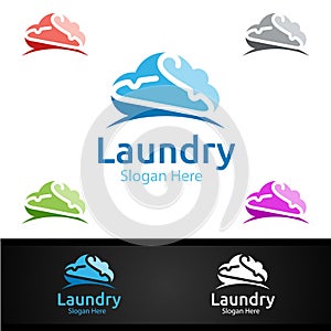 Cloud Laundry Dry Cleaners Logo with Clothes, Water and Washing Concept