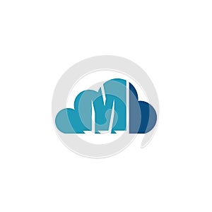 Cloud with letter M logo, icon flat and vector design template.