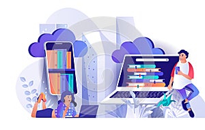 Cloud library concept in flat design. Online library and e-books scene template. Man and woman reading from smartphones, looking