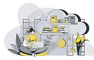 Cloud library concept with outline people scene.