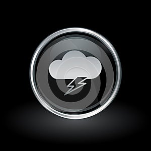 Cloud lightning bolt icon inside round silver and black emblem