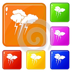 Cloud with lightnings icons set vector color