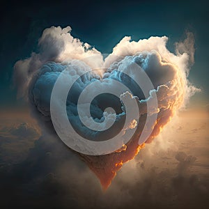 Cloud of love. Air clouds in the form of a heart on a neon sunset Gen