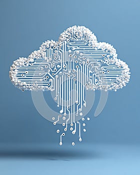 A cloud made of circuit board components on a blue background representing cloud computing technology