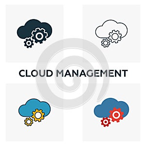 Cloud Management icon set. Four elements in diferent styles from big data icons collection. Creative cloud management icons filled