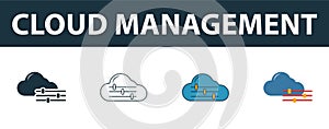 Cloud Management icon set. Four simple symbols in diferent styles from web development icons collection. Creative cloud management