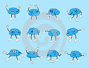 Cloud mascot in retro style. Planet with gloved hands. Sky sticker pack of funny cartoon