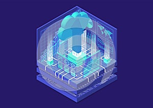 Cloud migration concept with symbol of floating cloud and upload arrow as isometric 3d vector illustration