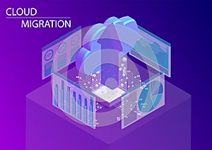 Cloud migration concept with symbol of floating cloud and upload arrow as isometric 3d vector illustration