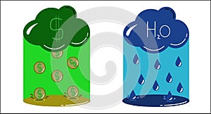 Cloud money rain, money coins falling down from cloud . Cloud and rain, rainy season, vector illustration