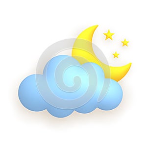 Cloud, moon, stars. Cute weather realistic icon. 3d cartoon